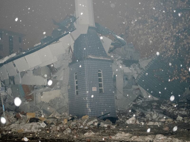 The wreckage of a mosque in Malatya, Turkey, following Monday's earthquake. Photograph: Emin Ozmen/New York Times