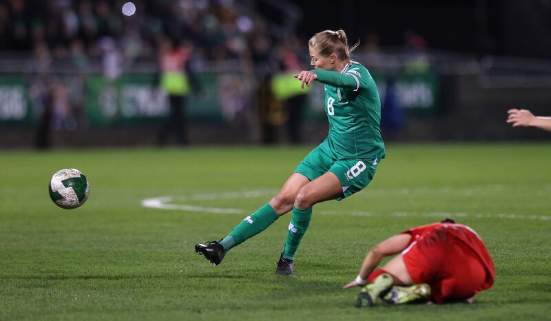 Republic of Ireland’s Ruesha Littlejohn in action against Turkey at the 2025 Women's Nations League match in Tallaght on February 21st. Photograph: Ryan Byrne/Inpho