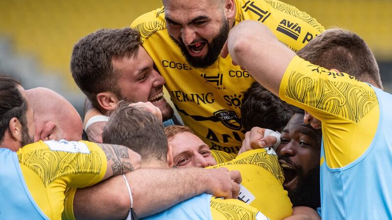 La Rochelle’s players celebrate scoring a try during the Champions Cup quarter-final match between La Rochelle and Sale Sharks at the Stade Marcel Deflandre in La Rochelle. Photograph:  Xavier Leoty/AFP via Getty Images