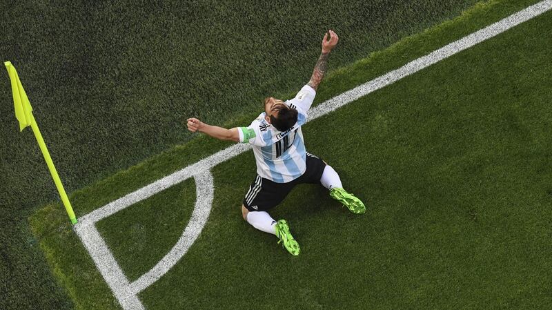 Argentina’s Lionel Messi celebrates his goal. Photo: Kirill Kudryavtsev/Getty Images