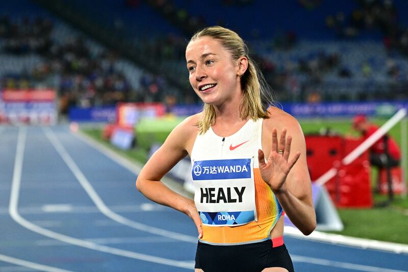 Sarah Healy celebrates her Diamond League victory at Rome's Olympic Stadium. Photograph: Tiziana Fabi/AFP via Getty Images