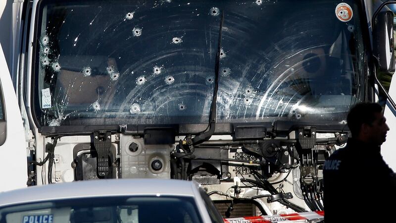 Bullet holes in the truck that was driven by Mohamed Lahouaiej-Bouhlel through Bastille Day celebrations in Nice, killing 84 and injuring dozens.  Photograph:  Eric Gaillard/Reuters