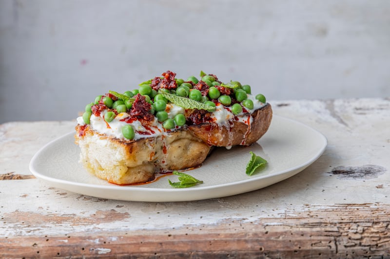 Crostini with toonsbridge buratta, peas, nduja and mint. Photograph: Harry Weir
