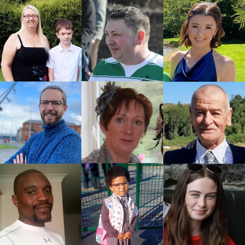 Victims of the Creeslough explosion, (top row) Catherine O'Donnell, (39) and her son James Monaghan (13), Martin McGill (49) and Jessica Gallagher (24), (middle row) James O'Flaherty (48), Martina Martin (49) and Hugh Kelly (59) and (bottom row) Robert Garwe (50), Shauna Flanagan Garwe (5) and Leona Harper (14).