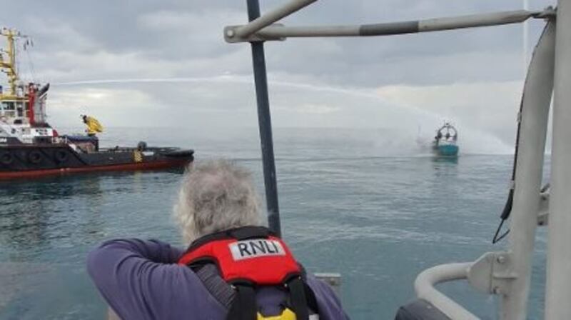 RNLI rescuers responding to a burning trawler off the Wicklow Coast. Photograph: courtesy RNLI
