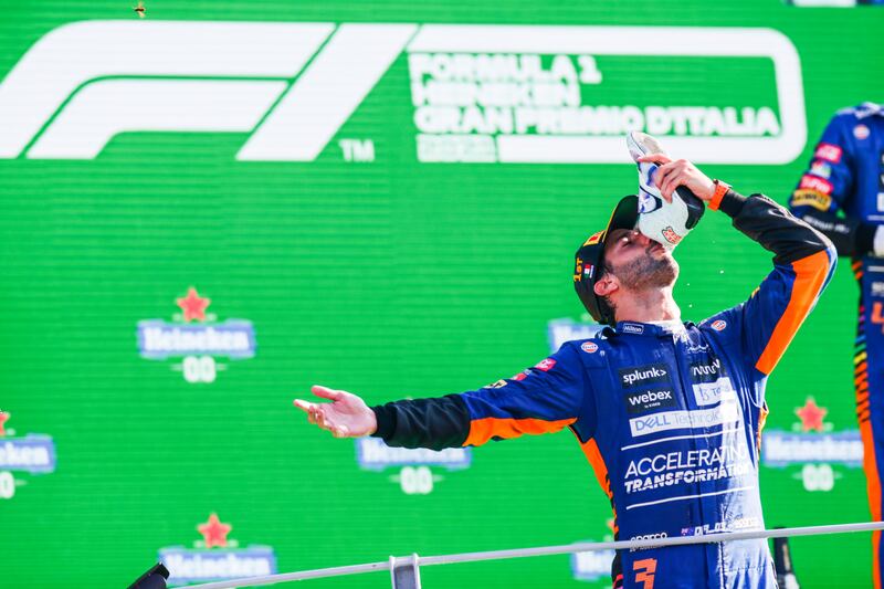 Daniel Ricciardo doing a 'shoey' after winning the 2021 Italian Grand Prix during his time with McLaren. Photograph: Peter Fox/Getty Images