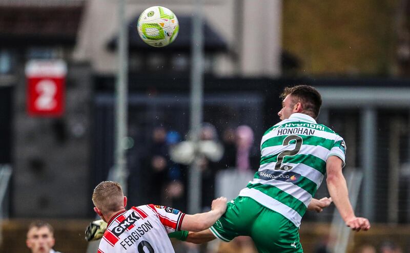 Rovers' Josh Honohan and Derry's Shane Ferguson. Photograph: Lorcan Doherty/Inpho