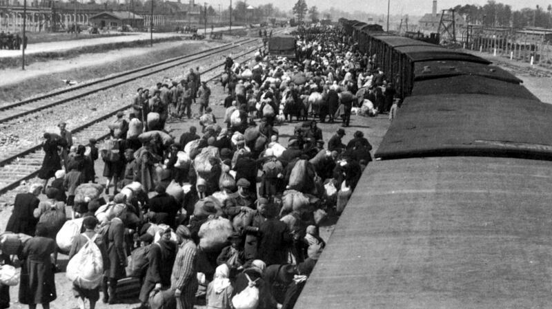 Jews alight from a train in the Auschwitz-Birkenau extermination camp on May 27th, 1944. Photograph:   Yad Vashem Archives /AFP/ Getty Images