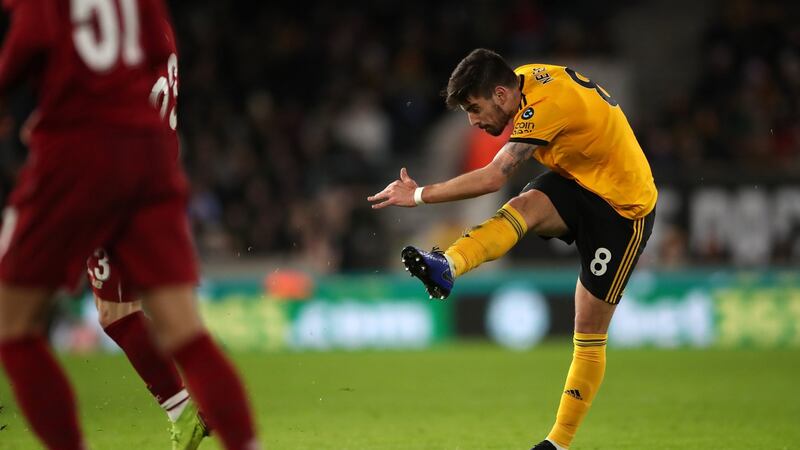 Wolverhampton Wanderers’ Ruben Neves scores his side’s second goal of the game. Photograph:  Nick Potts/PA Wire