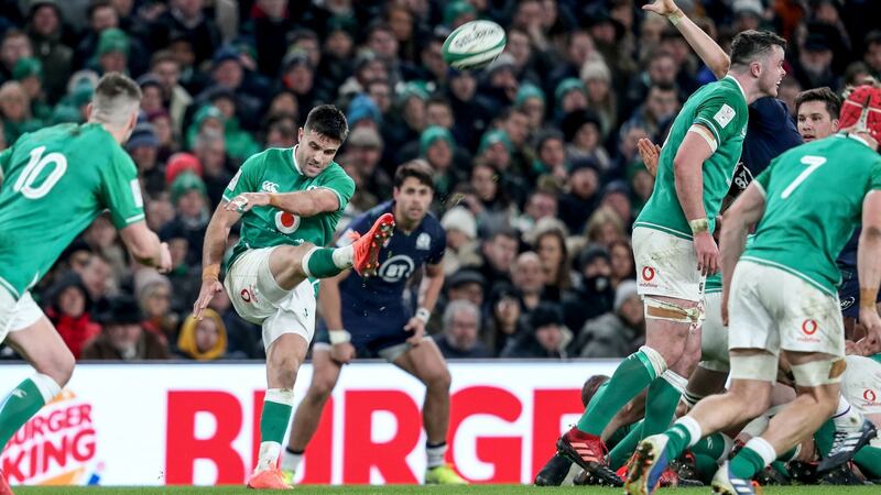 Ireland’s Conor Murray takes a box-kick during the game against Scotland. Photograph:   Dan Sheridan/Inpho