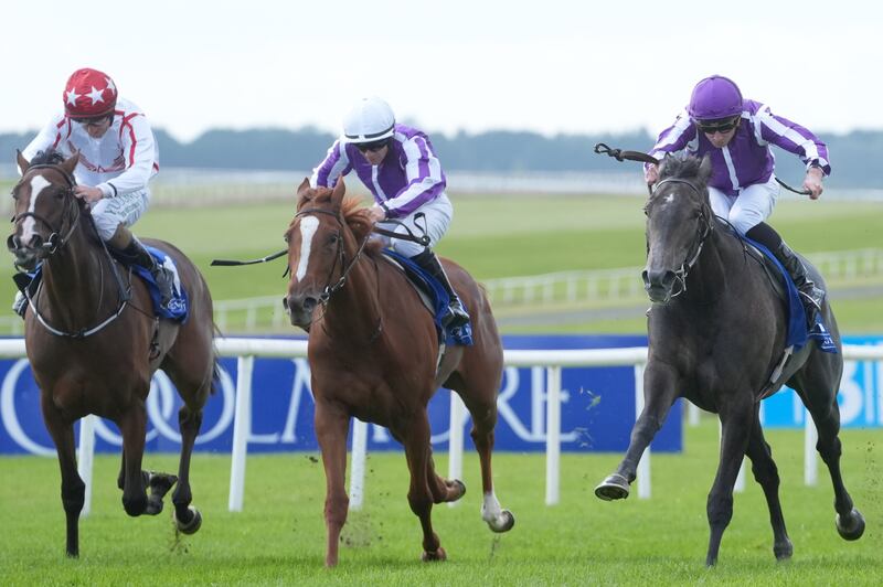 Bedtime Story (right) ridden by Ryan Moore wins the Alpha Centauri Debutante Stakes at the Curragh. Photograph: Brian Lawless/PA Wire