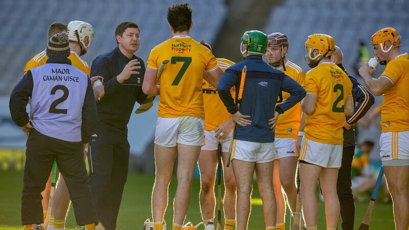 Darren Gleeson speaks to his players during a water break in last year’s Joe McDonagh Cup final against Kerry. Photo: Morgan Treacy/Inpho