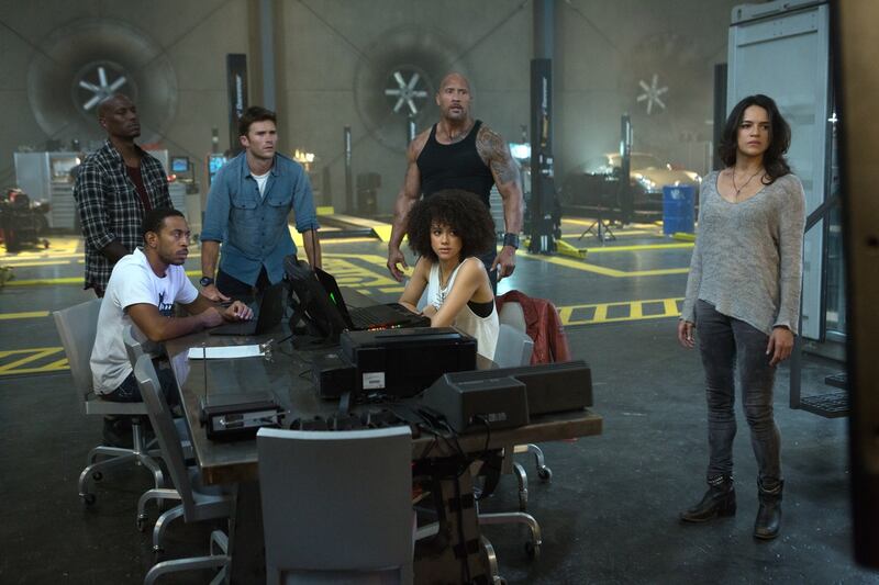 Tyrese Gibson, Ludacris, Scott Eastwood, Dwayne Johnson, Nathalie Emmanuel and Michelle Rodriguez in Fast and Furious 8