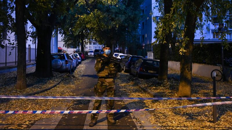A French soldier stands behind a cordon on Satuday  in Lyon. Photograph: AFP