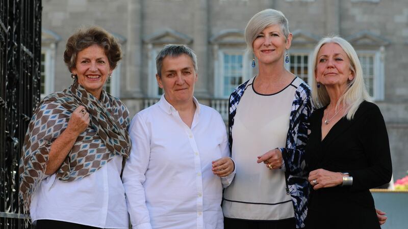 Eithne Jordan, Cecily Brennan, Alice Maher and Paula Meehan pictured outside Leinster House on Monday at the launch of the Artists’ Campaign to Repeal the Eighth Amendment. Photograph: Nick Bradshaw/The Irish Times
