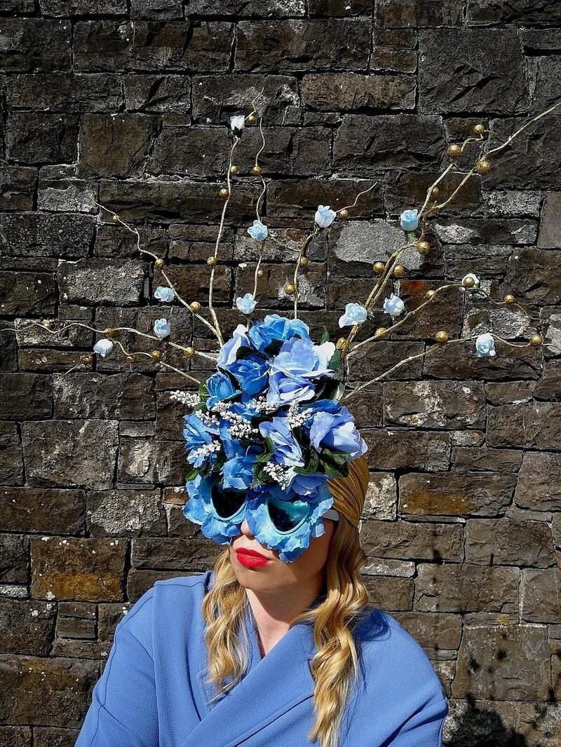 Forget Me Not: Upcycled sunglass frames with a woven base frame on top, adorned with fake flowers and deconstructed Christmas decoration. Photograph: Edward Keegan