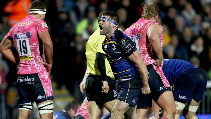 Leinster’s Fergus McFadden celebrates Jack Conan’s try against Exeter Chiefs at Sandy Park, Exeter. Photograph: Tommy Dickson/Inpho