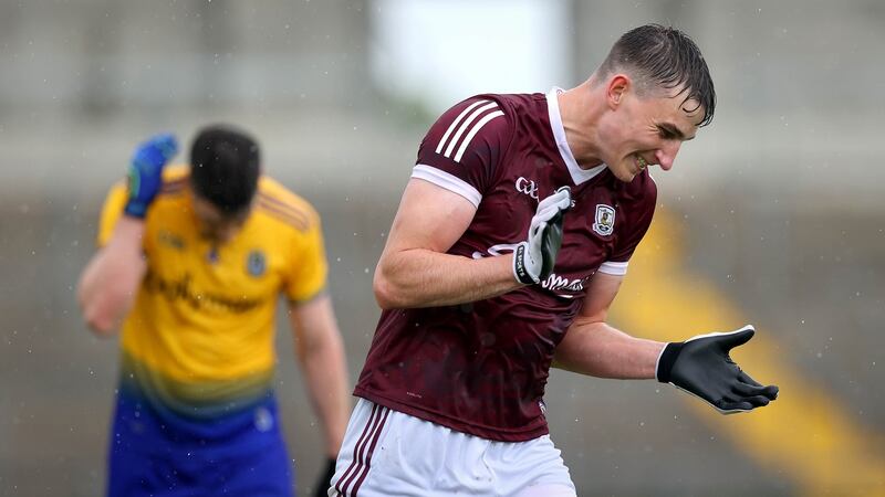 Galway’s Matthew Tierney celebrates his goal against Roscommon. Photograph: Ryan Byrne/Inpho