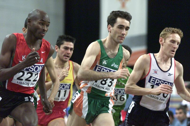 Mark Carroll of Ireland in action in the men's 1500m final at the World Indoor Championships in Lisbon in 2001. Photograph: Patrick Bolger/Inpho
