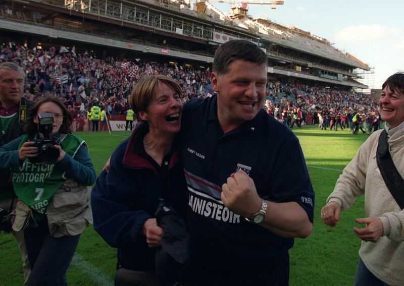 John O'Mahony celebrating as Galway manager with his wife Gerardine after the 2001 All-Ireland senior football final. Photograph: Andrew Paton/Inpho