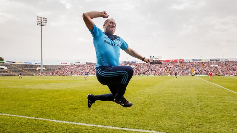 Tipperary manager Liam Cahill celebrates a late goal during the 2019 All-Ireland U20 hurling final against Cork at the LIT Gaelic Grounds. Photograph: Tommy Dickson/Inpho