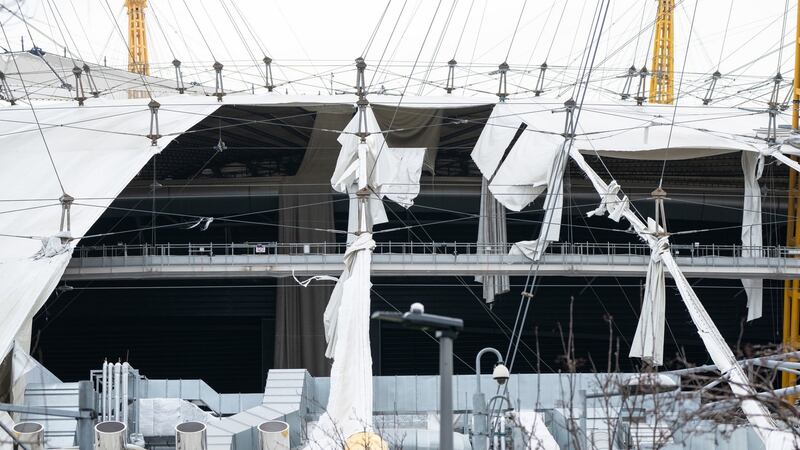 General view of the O2 Arena in London, after parts of its roof were ripped off in high winds as Storm Eunice struck. Photograph: Dominic Lipinski/PA Wire