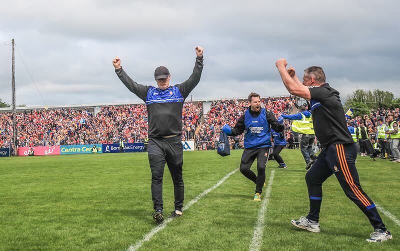 Clare manager Brian Lohan celebrates winning the Munster SHC game against Cork in Ennis. Photograph: Evan Treacy/Inpho