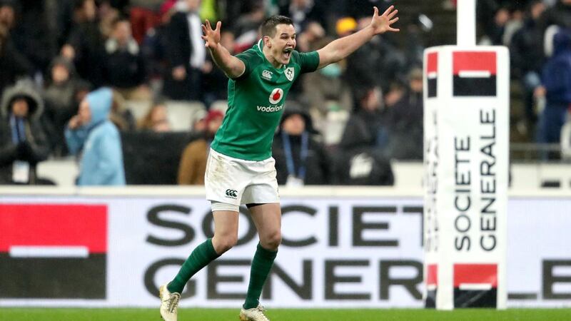 Ireland’s Johnny Sexton celebrates kicking the winning dropgoal against France in 2018. Photograph: Dan Sheridan/Inpho