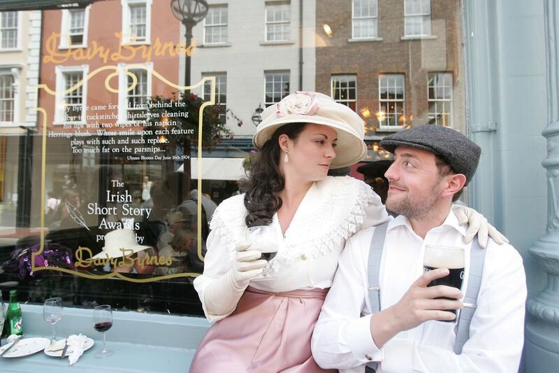 Sabrina Joyce, great grand niece of James Joyce, and Max Kemper from Germany at Davy Byrnes pub during the Bloomsday 2010 celebrations. Photograph: Alan Betson/The Irish Times