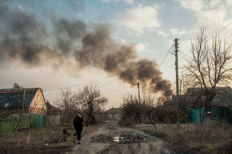 Smoke from the site of a Russian rocket strike in Slovyansk in March, 2023. Photograph: Daniel Berehulak/The New York Times