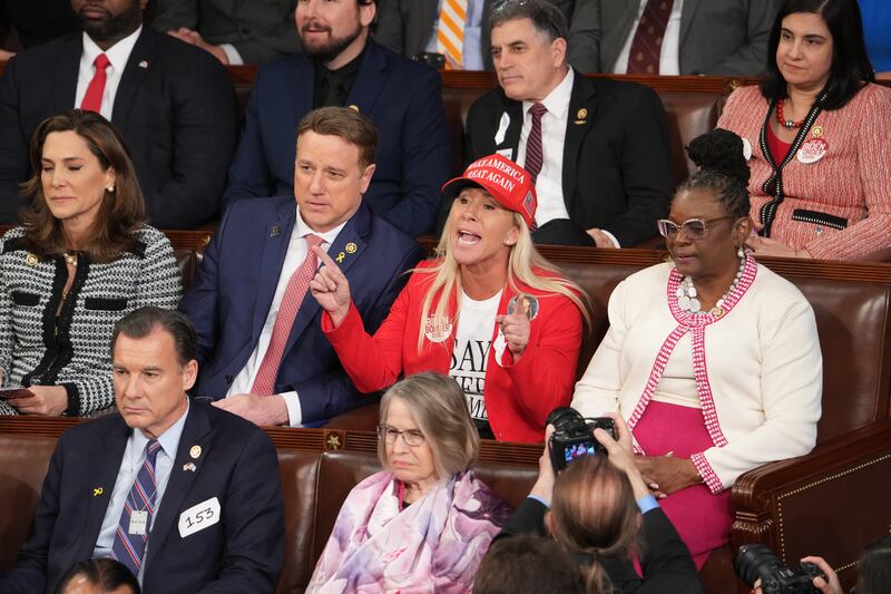 Marjorie Taylor Greene shouts at President Joe Biden as he delivers the State of the Union address in March. Photograph: Doug Mills/The New York Times
                      