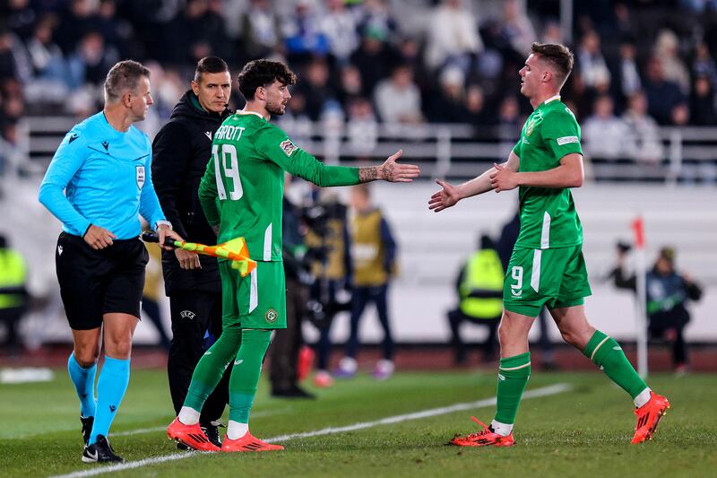 Ireland's Troy Parrott comes on to replace Evan Ferguson against Finland. Photograph: Ryan Byrne/Inpho