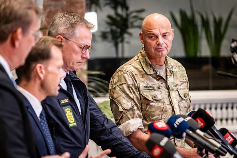 Denmark's defence minister Troels Lund Poulsen with police chief Thorkild Fogde. Photograph: Emil Nicolai Hems/Ritzau Scanpix/AFP via Getty Images          