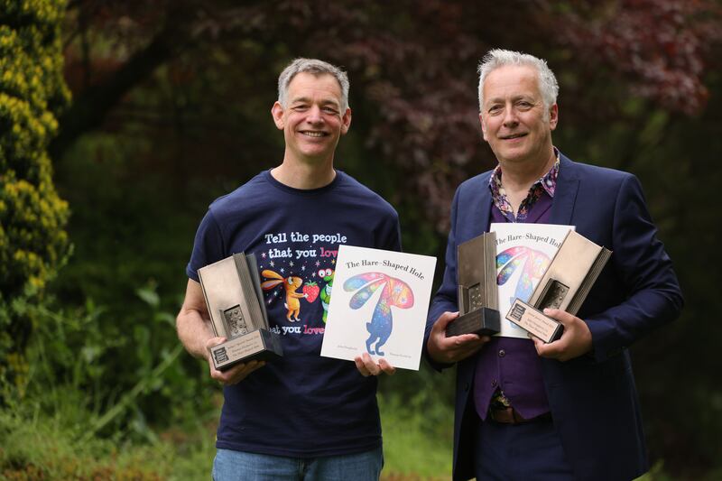 KPMG Children’s Books Ireland Awards 2024: Illustrator Thomas Docherty and author John Dougherty, winners of the KPMG junior juries’ award and the judges’ special award. Photograph: Alan Betson