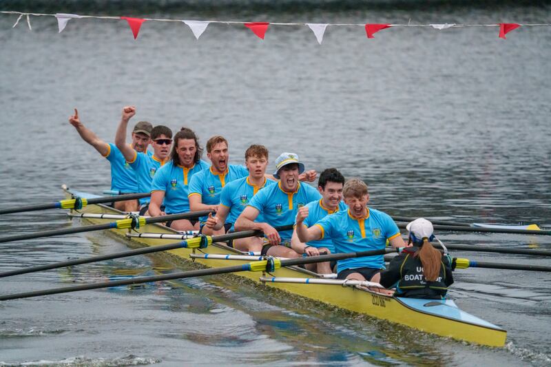 The UCD senior men's eight, including Olympian Daire Lynch (third from right), cross the finish line to win the Gannon Cup. Photograph: Barry Cronin