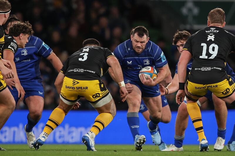 Leinster's Cian Healy comes up against Chris Coleman of Dragons. Photograph: Ben Brady/Inpho
