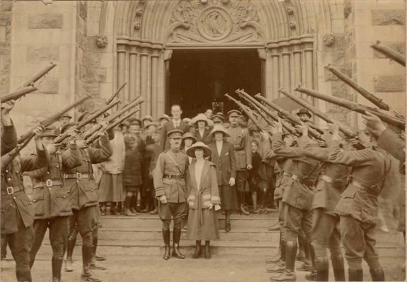 Wedding of Colonel-Commandant J.T. Prout (commander Free State forces, southeast division) to Limerick native Mary Conba at St John the Evangelist Church (O’Loughlin Memorial Church), Kilkenny City, July 12th, 1922. A guard of honour with rifles was provided by Prout’s troops from nearby Kilkenny Military Barracks. Courtesy of Michael Cannady Private Collection