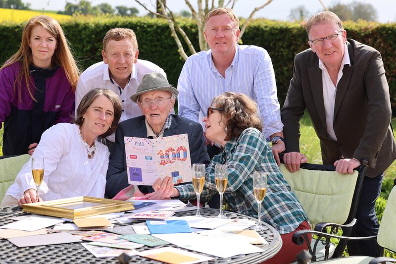 Barney O'Dowd celebrates his 100th birthday at home in Drumree, Co Meath with his daughters Eleanor O’Sullivan and Mary Adams and (back from left) granddaughter Grace O’Sullivan and sons Loughlin, Cathal and Noel O’Dowd. Photograph: Dara Mac Dónaill