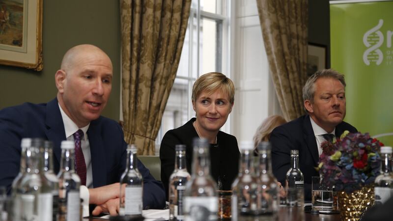 Rob Brainin of WuXi Nextcode, Anne Jones, of Genomics Medicine Ireland, and Paul Saunders, Ireland Strategic Investment Fund’s head of innovation, announcing the €400m investment. Photograph Nick Bradshaw