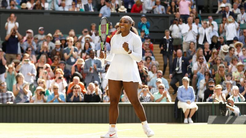 Serena Williams celebrates winning her quarter final match against Italy’s Camila Giorgi in the women’s singles at Wimbledon. Photo: Peter Nicholls/Reuters