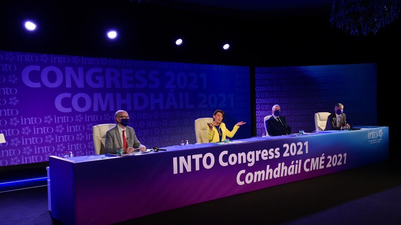 The Irish National Teachers’ Organisation’s (INTO) annual congress took place online this year, broadcast from a studio in Naas, Co Kildare. Photograph: Moya Nolan
