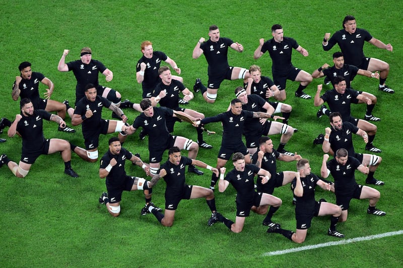 The All Blacks making a point before knocking Ireland out of the Rugby World Cup. Photograph: Miguel Medina/AFP via Getty Images