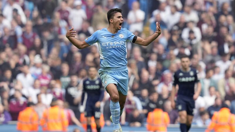 Rodri of Manchester City celebrates after scoring his team’s third goal against Aston Villa. Photograph: Andrew Yates/EPA