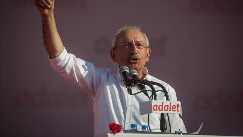 Turkish opposition leader Kemal Kiliçdaroglu speaks on stage  during a rally in Istanbul. Photograph: Chris McGrath/Getty Images