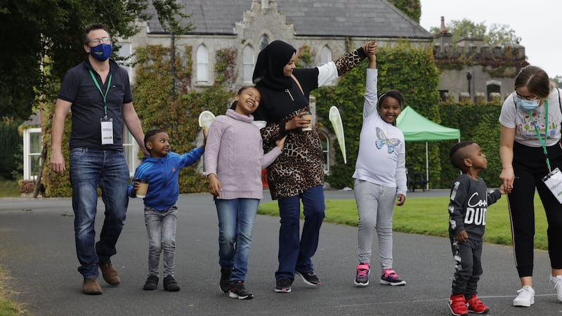 The Elmamoun family with volunteers William Cummins and Michelle Lynch at Barretstown Camp. Photograph: Alan Betson