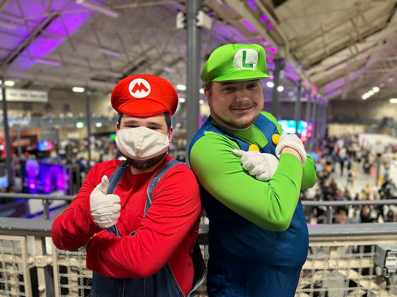 Devlyn Marcos and Matthew O'Donoghue cosplaying as Mario and Luigi at GamerFest 2025. Photograph: Conor Capplis