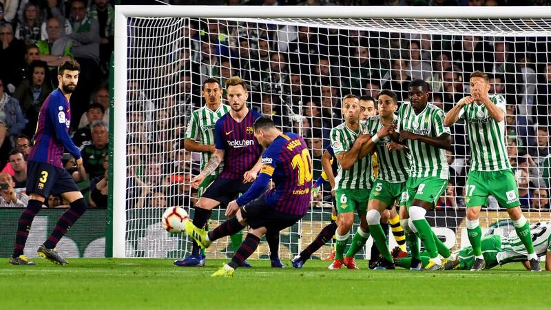Lionel Messi opened the scoring with a free kick so good that the commentary on French TV was soon doing the rounds on the net: there was nothing left to say, so they just laughed. Photograph: Raul Caro/EPA
