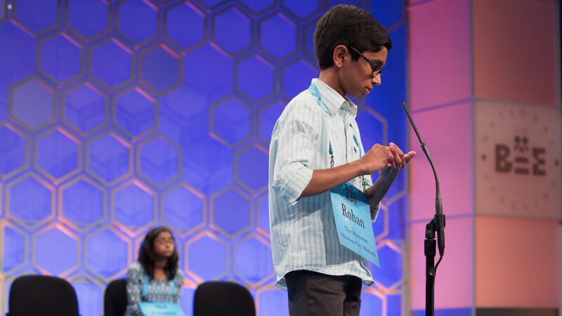 Rohan Rajeev (14) of Edmond, Oklahoma competes in the final round of the 2017 Scripps National Spelling Bee at the Gaylord Convention Center in Oxon Hill, Maryland. Photograph: EPA/TASOS KATOPODIS