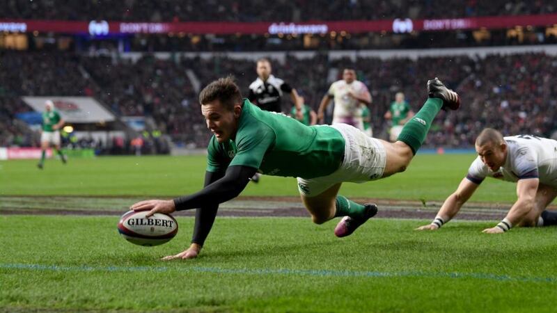Jacob Stockdale  touches down Ireland’s third try during the NatWest Six Nations match against England at Twickenham  on Saturday. Photograph: Shaun Botterill/Getty Images
