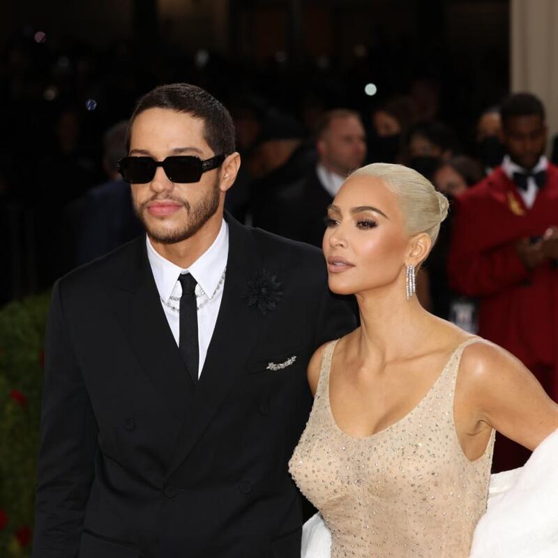 Pete Davidson and Kim Kardashian, who wears the dress Marilyn Monroe wore to sing Happy Birthday to John F Kennedy in 1962. Photograph: Krista Schlueter/The New York Times